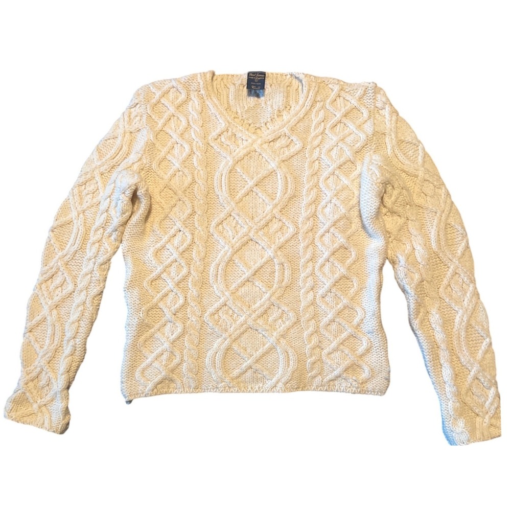 Paul James 100% Wool Made in England Cream‎ V Neck Cable Knit Fisherman Sweater